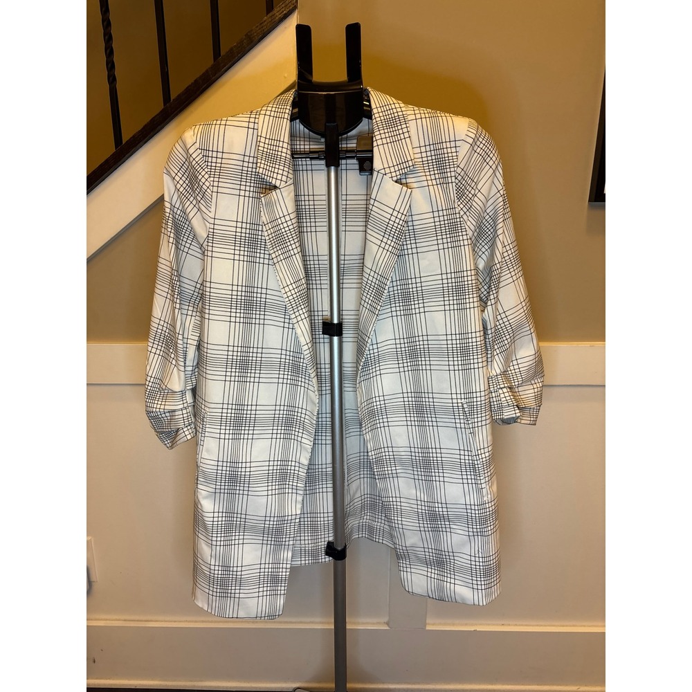Rachel Zoe Women White Black Plaid Ruched 3/4 Sleeve Open Front Blazer Size M